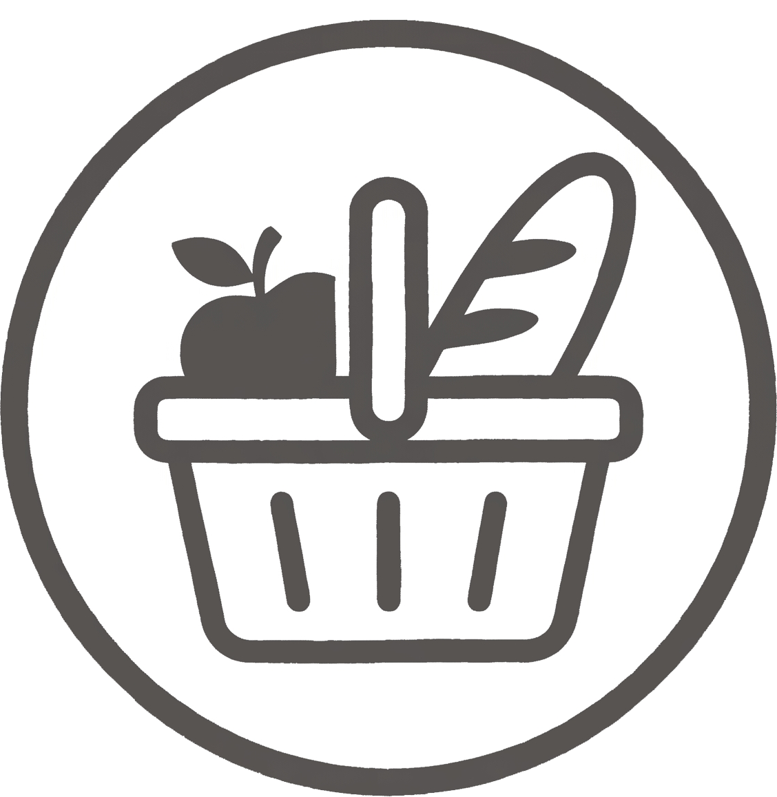 Icono de una cesta de la compra con frutas y pan que representa el sector de la alimentación y productos frescos locales